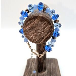 Shades of Blue Faceted Crystal Silver Tone Floral Beaded Bracelet